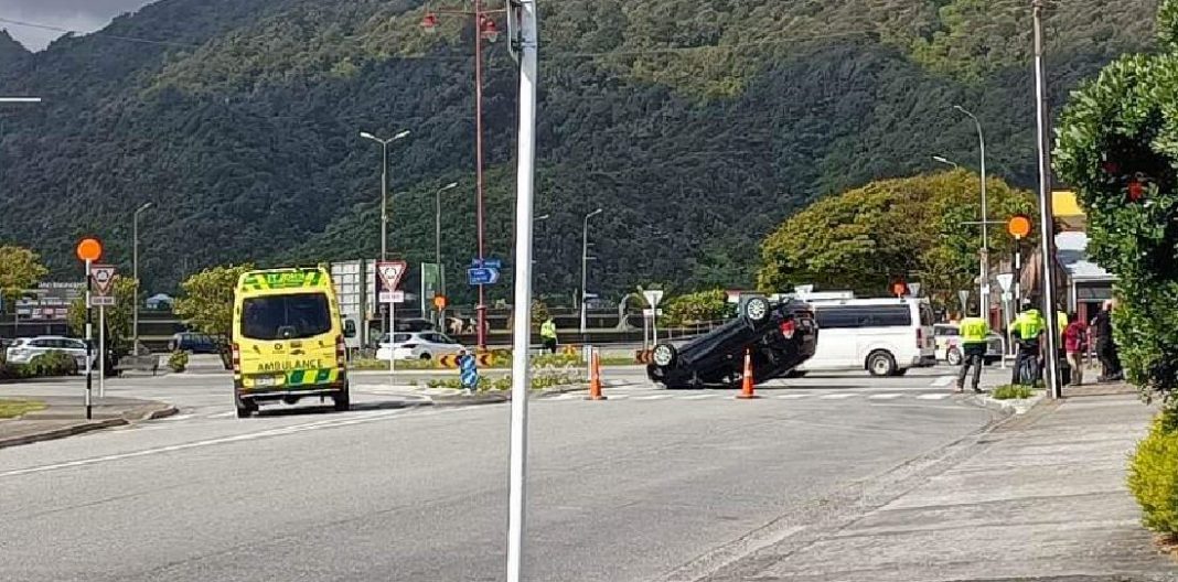 Car flips on roundabout Greymouth Star